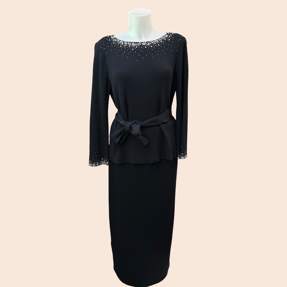 St. John Evening 2 Pc Skirt Set Rhinestone Longsleeve Belted Top & Long Skirt M